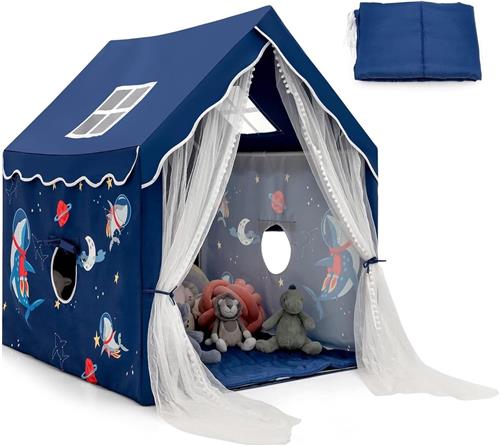 COSTWAY Kindertent, Speelhuis Kinderen Binnen met Mat & Gordijn, Speeltent Kinderspeelhuis voor Jongens en Meisjes (Blauw)