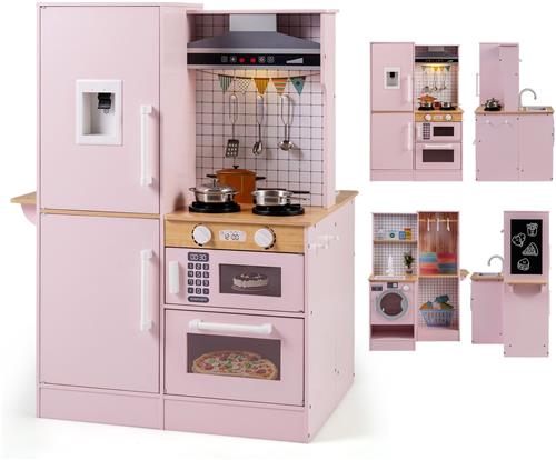 COSTWAY Kinderkeuken, Houten Speelkeuken met Licht en Geluid, Dubbelzijdige Speelgoedkeuken met Kledinghanger, Afzuigkap, Magnetron & Kookgerei, Houten Keuken voor Kinderen vanaf 2 Jaar (Roze)