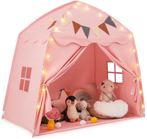 COSTWAY Speelhuisje voor kinderen, kindertent met vlaggen en lichtkettingen, prinsessenspeeltent, grote tent voor kinderkamer voor jongens en meisjes vanaf 3 jaar, 157 x 98 x 148 cm (roze)