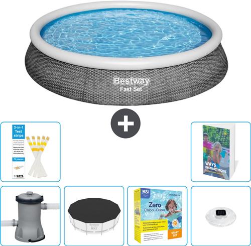 Bestway Rond Opblaasbaar Fast Set Zwembad - Rotanprint - 396 x 84 cm - Inclusief Pomp - Afdekzeil - Onderhoudspakket - Verlichting - 7-delig