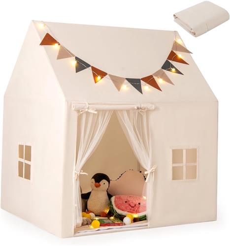 COSTWAY Kindertent voor binnen, speelhuisje voor kinderen, indoor, met antislipmat en lichtkettingen en vlaggen, speeltent voor kinderkamer voor kinderen vanaf 3 jaar