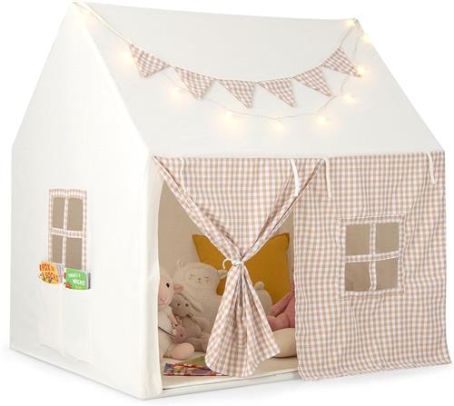 COSTWAY Kindertent voor binnen, speelhuis met mat en verlichting, kinderspeeltent met vlaggenbanner en ramen, speeltent voor jongens en meisjes van 3 tot 8 jaar, beige