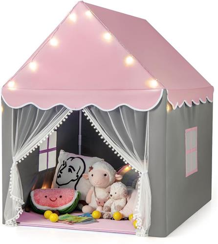 COSTWAY Kinderspeelhuis met sterrenverlichting, prinsessen-/prinsen-kindertent met raam en mat, speeltent met dubbel gordijn, kinderkasteel voor jongens en meisjes, roze