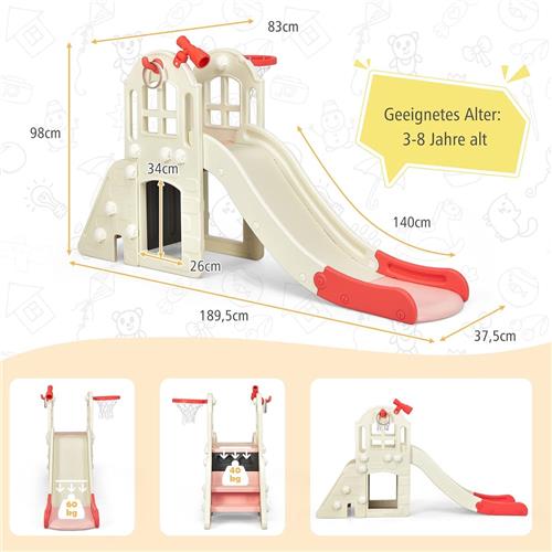 COSTWAY Kinderglijbaan, 6-in-1 kinderglijbaan, ladder, basketbalmand, werpring, telescoop en tunnel, kinderspeelplaats, glijbaan voor binnen en buiten, vanaf 3 jaar oud (roze)