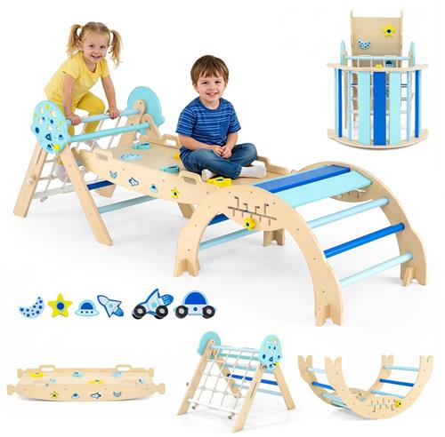 COSTWAY Klimrek Indoor 3-delige set, opvouwbaar klimrek met glijbaan, klimboog, net, incl. dubbelzijdige helling, bouwstenenset & 2 auto's, Universum klimrek van hout voor kinderen vanaf 1 jaar