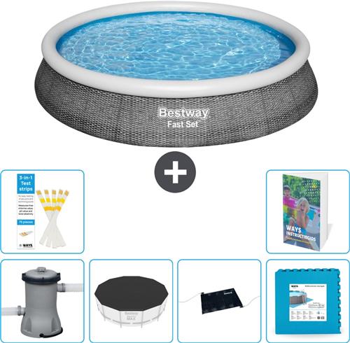 Bestway Rond Opblaasbaar Fast Set Zwembad - Rotanprint - 396 x 84 cm - Inclusief Pomp - Afdekzeil - Solar Mat - Vloertegels - 7-delig