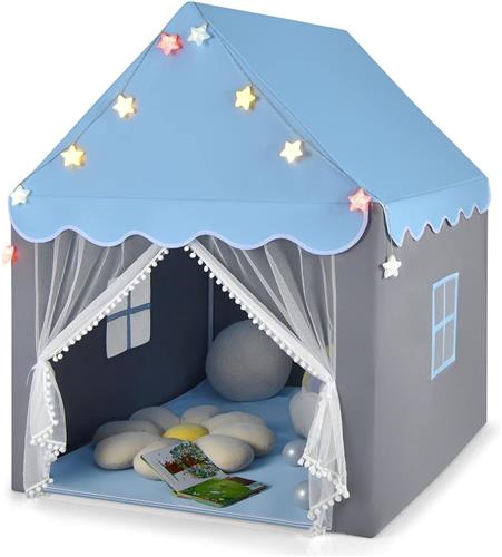 COSTWAY Kinderspeelhuis met sterrenverlichting, prinsessen-/prinsen-kindertent met raam en mat, speeltent met dubbel gordijn, kinderkasteel voor jongens en meisjes, blauw