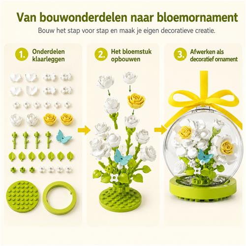 Gloovon Bloemen Ornament Bouwpakket - 2-in-1 Bloemenboeket in Transparante Bol - Hangend & Staand - Decoratieve Bloem met Vlinder - 90 stuks - Niet compatibel met LEGO - Cadeau voor Volwassenen & Kinderen - Botanical Collection