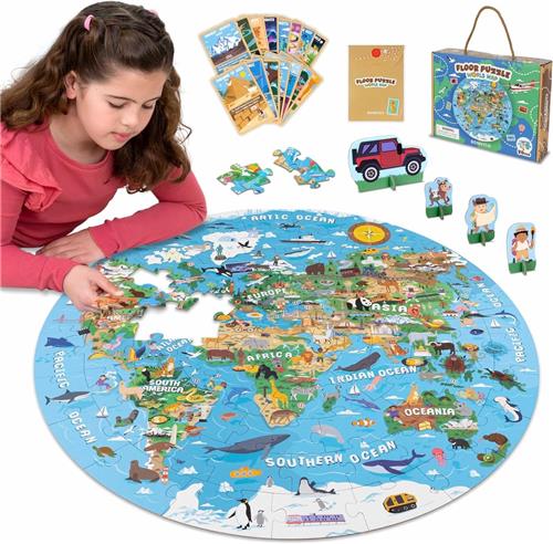 Voerpuzzel voor kat - Vloerpuzzel voor kat - Wereldkaart - 58 x 58 cm - Gelamineerd Karton - Educatief Speelgoed voor Kinderen