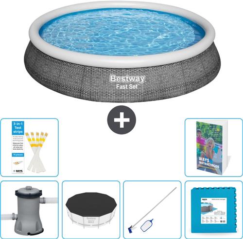 Bestway Rond Opblaasbaar Fast Set Zwembad - Rotanprint - 396 x 84 cm - Inclusief Pomp - Afdekzeil - Schoonmaakset - Vloertegels - 7-delig