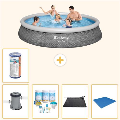 Bestway Rond Opblaasbaar Fast Set Zwembad - Rotanprint - 396 x 84 cm - Inclusief Pomp - Onderhoudspakket - Solar Mat - Grondzeil - Filter - 6-delig