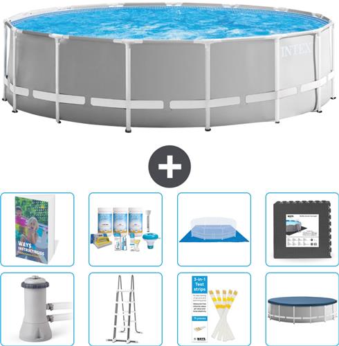 Intex Rond Prism Frame Zwembad - 457 x 122 cm - Grijs - Inclusief Pomp - Ladder - Grondzeil - Afdekzeil - Onderhoudspakket - Vloertegels - 9-delig