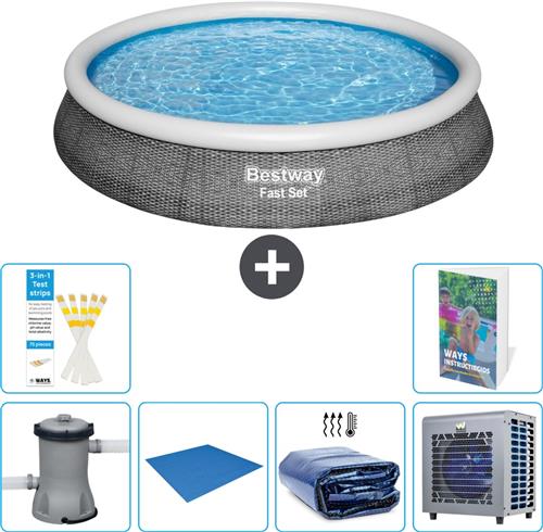 Bestway Rond Opblaasbaar Fast Set Zwembad - Rotanprint - 396 x 84 cm - Inclusief Pomp - Grondzeil - Solarzeil - Warmtepomp - 7-delig