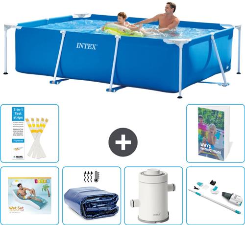 Intex Rechthoekig Frame Zwembad - 260 x 160 x 65 cm - Blauw - Inclusief Loungebed - Solarzeil - Zwembadfilterpomp - Stofzuiger - 7-delig