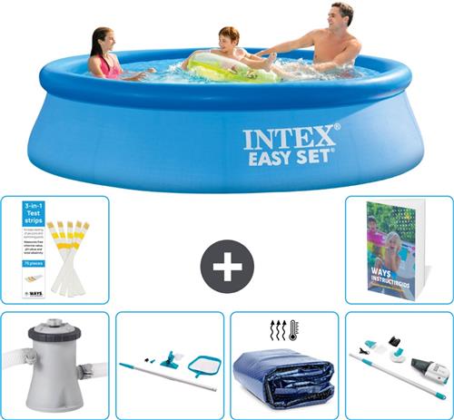 Intex Rond Opblaasbaar Easy Set Zwembad - 305 x 76 cm - Blauw - Inclusief Pomp - Schoonmaakset - Solarzeil - Stofzuiger - 7-delig
