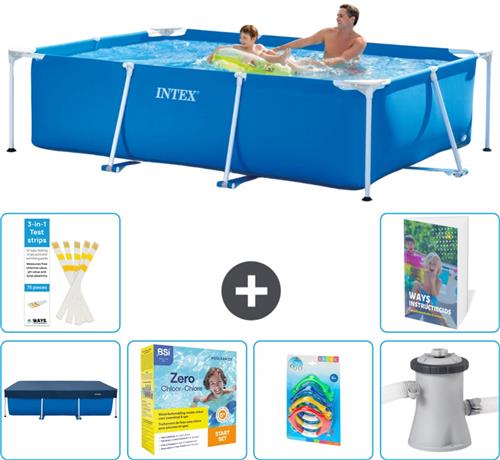 Intex Rechthoekig Frame Zwembad - 260 x 160 x 65 cm - Blauw - Inclusief Afdekzeil - Onderhoudspakket - Speelgoed - Zwembadfilterpomp - 7-delig