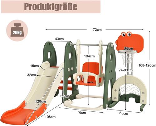 COSTWAY 6-in-1 kinderspeelplaats, kinderglijbaan, schommel & basketbalkorf, ladder, voetbaldoel en golfgat