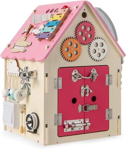 COSTWAY Speelhuis voor kinderen, educatief houten speelgoedhuis met sensorische speel- en opbergruimte, Montessori sensorisch leerspeelgoed voor de fijne motoriek, activiteitenkubus voor kinderen vana