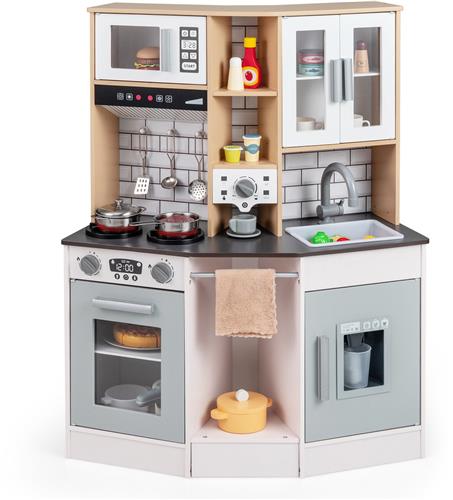 COSTWAY Kinderkeuken met 10 stuks. accessoires, houten speelkeuken met licht en geluid, houten keuken incl. fornuis, spoelbak, ijsmachine, koffiezetapparaat, magnetron & oven, speelgoedkeuken voor