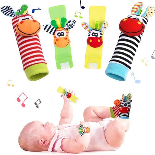 Bijtketting - Rammelaars - Set van 4 stuks - Zachte Katoen en Polyester Baby Pols- en Voetspeelgoed - Voor Baby's 0-6 Maanden