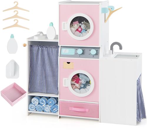COSTWAY Houten Kindermachine, Speelgoed Wasmachineset met Wasmiddel, Strijkijzer, Kleerhangers & Stoffenlade, Wasserset voor Kinderen vanaf 3 jaar