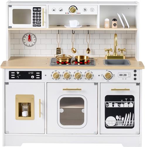 COSTWAY Kinderkeuken met licht en geluid, speelkeuken van hout met fornuis, gootsteen, oven, ijsmachine, magnetron, koffiezetapparaat, houten keuken incl. 14 accessoires, speelgoedkeuken voor kinderen