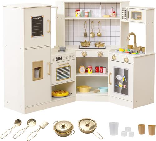 COSTWAY Kinderkeuken, hoekspeelkeuken met ijscodispenser, fornuis, oven, magnetron, vaatwasser, watercirculerende kraan en kookaccessoires, houten keuken met waterpompfunctie voor kinderen vanaf 3