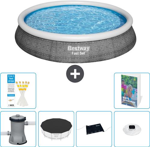 Bestway Rond Opblaasbaar Fast Set Zwembad - Rotanprint - 396 x 84 cm - Inclusief Pomp - Afdekzeil - Solar Mat - Verlichting - 7-delig