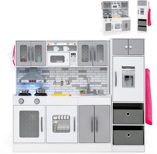 COSTWAY Kinderkeuken incl. 22 accessoires, modulaire speelkeuken met koelkast en 2 stoffen manden, houten keuken met waterfunctie, licht en geluid, speelgoedkeuken voor kinderen vanaf 3 jaar (grijs)