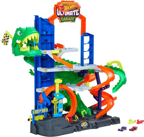 Hot Wheels City Ultieme T-Rex Garage - met 2 speelgoedauto's en opbergruimte voor meer dan 50 auto's