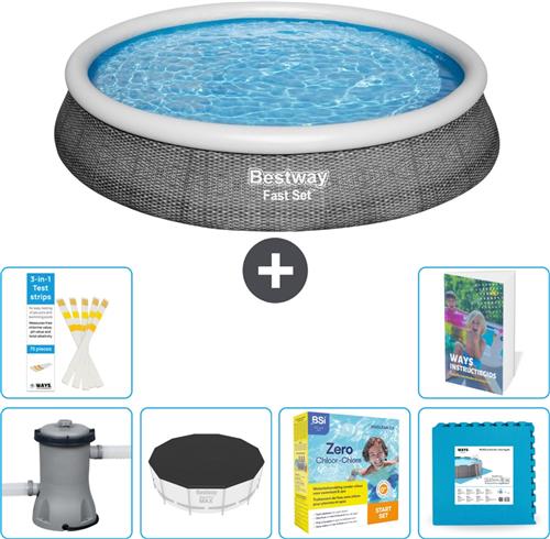 Bestway Rond Opblaasbaar Fast Set Zwembad - Rotanprint - 396 x 84 cm - Inclusief Pomp - Afdekzeil - Onderhoudspakket - Vloertegels - 7-delig