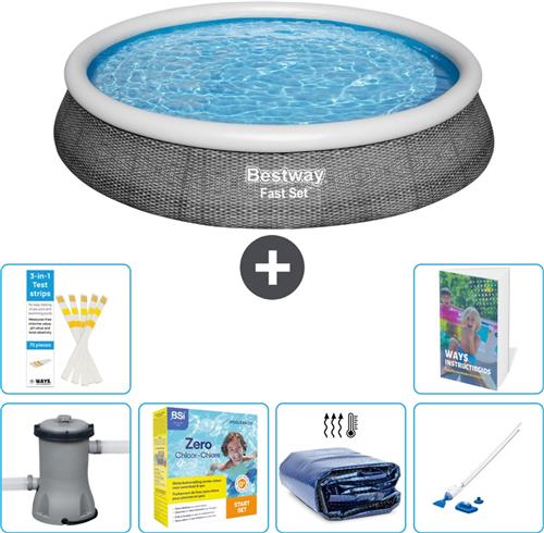 Bestway Rond Opblaasbaar Fast Set Zwembad - Rotanprint - 396 x 84 cm - Inclusief Pomp - Onderhoudspakket - Solarzeil - Stofzuiger - 7-delig