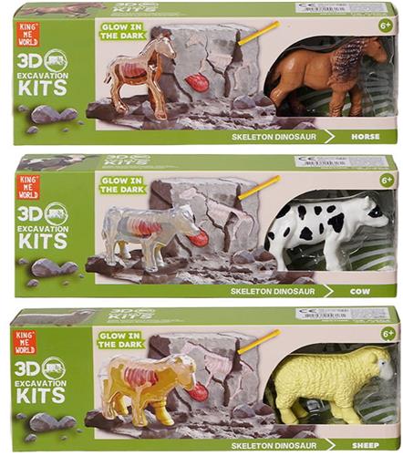 PIA Soft Toys - Speelfiguren - Boerderijdieren 3D opgravingsset glow-in-the-dark 3 ass. 10 cm x 3 cm x 5 cm