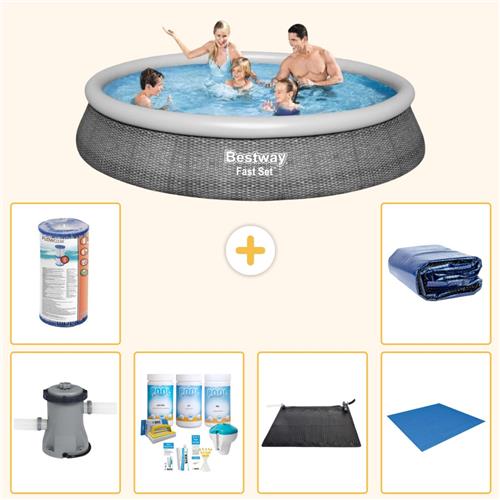Bestway Rond Opblaasbaar Fast Set Zwembad - Rotanprint - 396 x 84 cm - Inclusief Pomp - Onderhoudspakket - Solar Mat - Grondzeil - Filter - Solarzeil - 7-delig