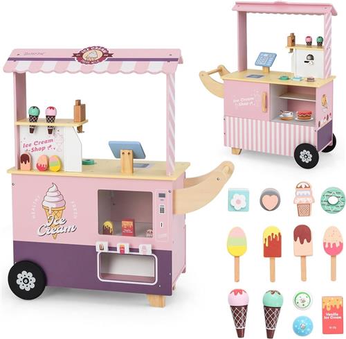 COSTWAY IJskar voor kinderen met ijsspeelgoed, winkel hout met ijsmachine, verkoopautomaat, kassa en scanner, 15 accessoires voor kinderen vanaf 3 jaar (roze)