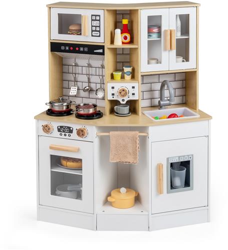 COSTWAY Kinderkeuken met 10 stuks. accessoires, houten speelkeuken met licht en geluid, houten keuken incl. fornuis, spoelbak, ijsmachine, koffiezetapparaat, magnetron & oven, speelgoedkeuken voor