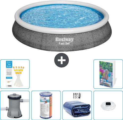 Bestway Rond Opblaasbaar Fast Set Zwembad - Rotanprint - 396 x 84 cm - Inclusief Pomp - Filter - Solarzeil - Verlichting - 7-delig