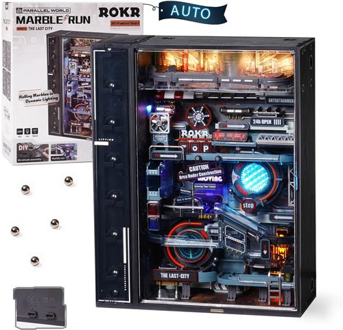 ROKR The Last City  Cyberpunk Automatische Knikkerbaan 3D Bouwpakket  130 Stuks  USB-C Aandrijving  Parallel World Serie  14+