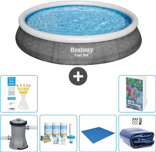 Bestway Rond Opblaasbaar Fast Set Zwembad - Rotanprint - 396 x 84 cm - Inclusief Pomp - Onderhoudspakket - Grondzeil - Solarzeil - 7-delig