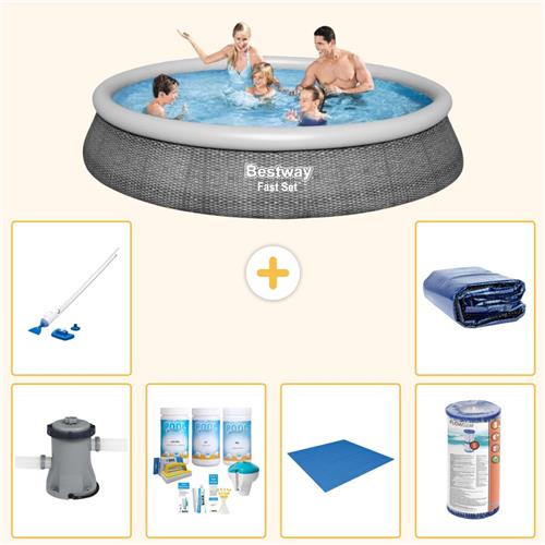 Bestway Rond Opblaasbaar Fast Set Zwembad - Rotanprint - 396 x 84 cm - Inclusief Pomp - Onderhoudspakket - Grondzeil - Filter - Stofzuiger - Solarzeil - 7-delig