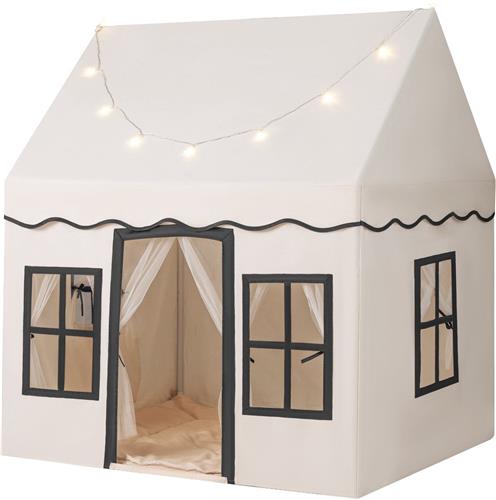COSTWAY Kindertent met lichtjes, speeltent voor binnen, prinsessen kinderhuis met ramen en gordijnen, kinderspeeltent, speelhuis voor jongens en meisjes, beige