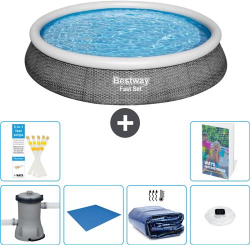 Bestway Rond Opblaasbaar Fast Set Zwembad - Rotanprint - 396 x 84 cm - Inclusief Pomp - Grondzeil - Solarzeil - Verlichting - 7-delig