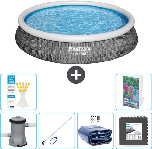 Bestway Rond Opblaasbaar Fast Set Zwembad - Rotanprint - 396 x 84 cm - Inclusief Pomp - Schoonmaakset - Solarzeil - Vloertegels - 7-delig