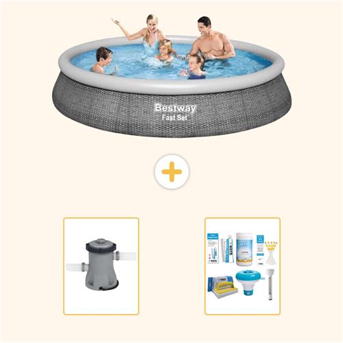 Bestway Rond Opblaasbaar Fast Set Zwembad - Rotanprint - 396 x 84 cm - Inclusief Pomp - Onderhoudspakket - 3-delig