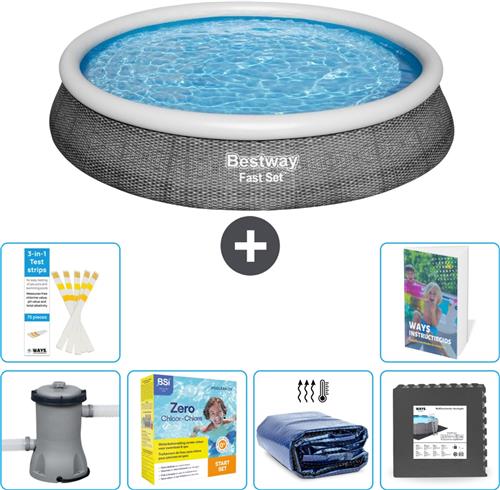 Bestway Rond Opblaasbaar Fast Set Zwembad - Rotanprint - 396 x 84 cm - Inclusief Pomp - Onderhoudspakket - Solarzeil - Vloertegels - 7-delig