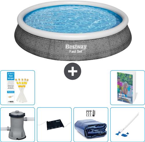 Bestway Rond Opblaasbaar Fast Set Zwembad - Rotanprint - 396 x 84 cm - Inclusief Pomp - Solar Mat - Solarzeil - Stofzuiger - 7-delig