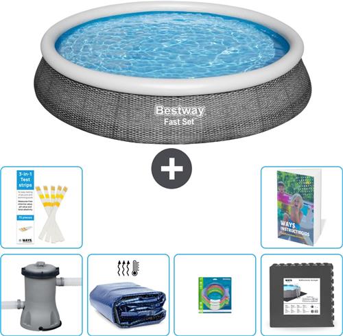 Bestway Rond Opblaasbaar Fast Set Zwembad - Rotanprint - 396 x 84 cm - Inclusief Pomp - Solarzeil - Speelgoed - Vloertegels - 7-delig