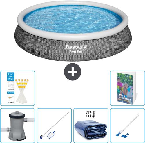 Bestway Rond Opblaasbaar Fast Set Zwembad - Rotanprint - 396 x 84 cm - Inclusief Pomp - Schoonmaakset - Solarzeil - Stofzuiger - 7-delig