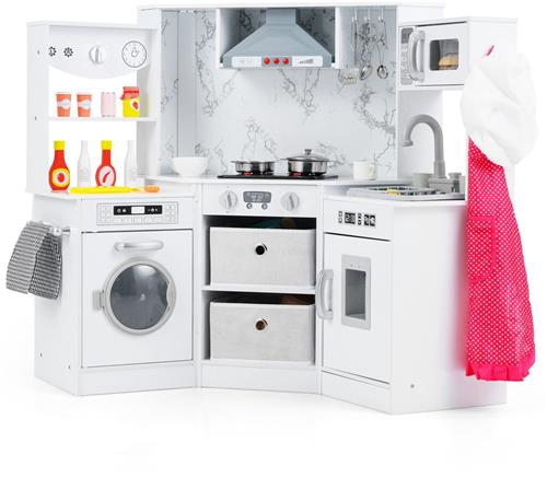 COSTWAY Houten Kinderkeuken Hoek  Speelkeuken Met Licht En Geluid, Afzuigkap, Watercirculatiesysteem, Waterdispenser En Wasmachine, Inclusief Accessoires, Voor Kinderen Vanaf 3 Jaar, Wit