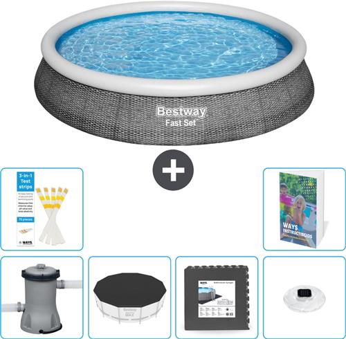 Bestway Rond Opblaasbaar Fast Set Zwembad - Rotanprint - 396 x 84 cm - Inclusief Pomp - Afdekzeil - Vloertegels - Verlichting - 7-delig